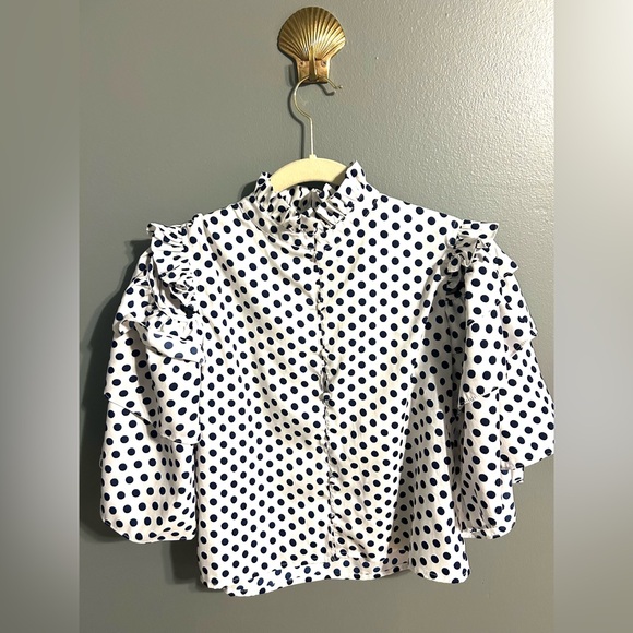 Walter Baker Tops - Walter Baker White Navy Polka Dot Ruffle Blouse S